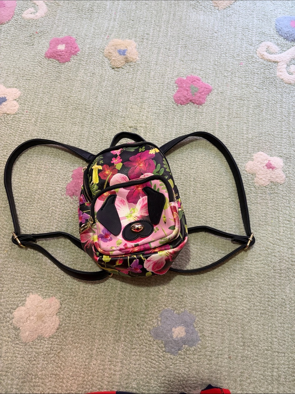 Betsey Johnson Black Mini Floral Backpack with Pink Flowers